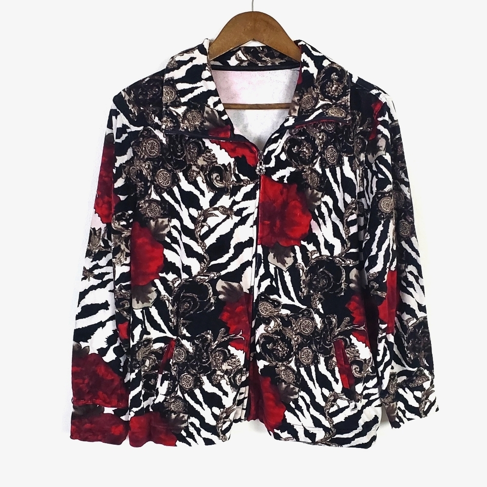 Womens Retro Floral Zip Up Jacket S/M Red Black